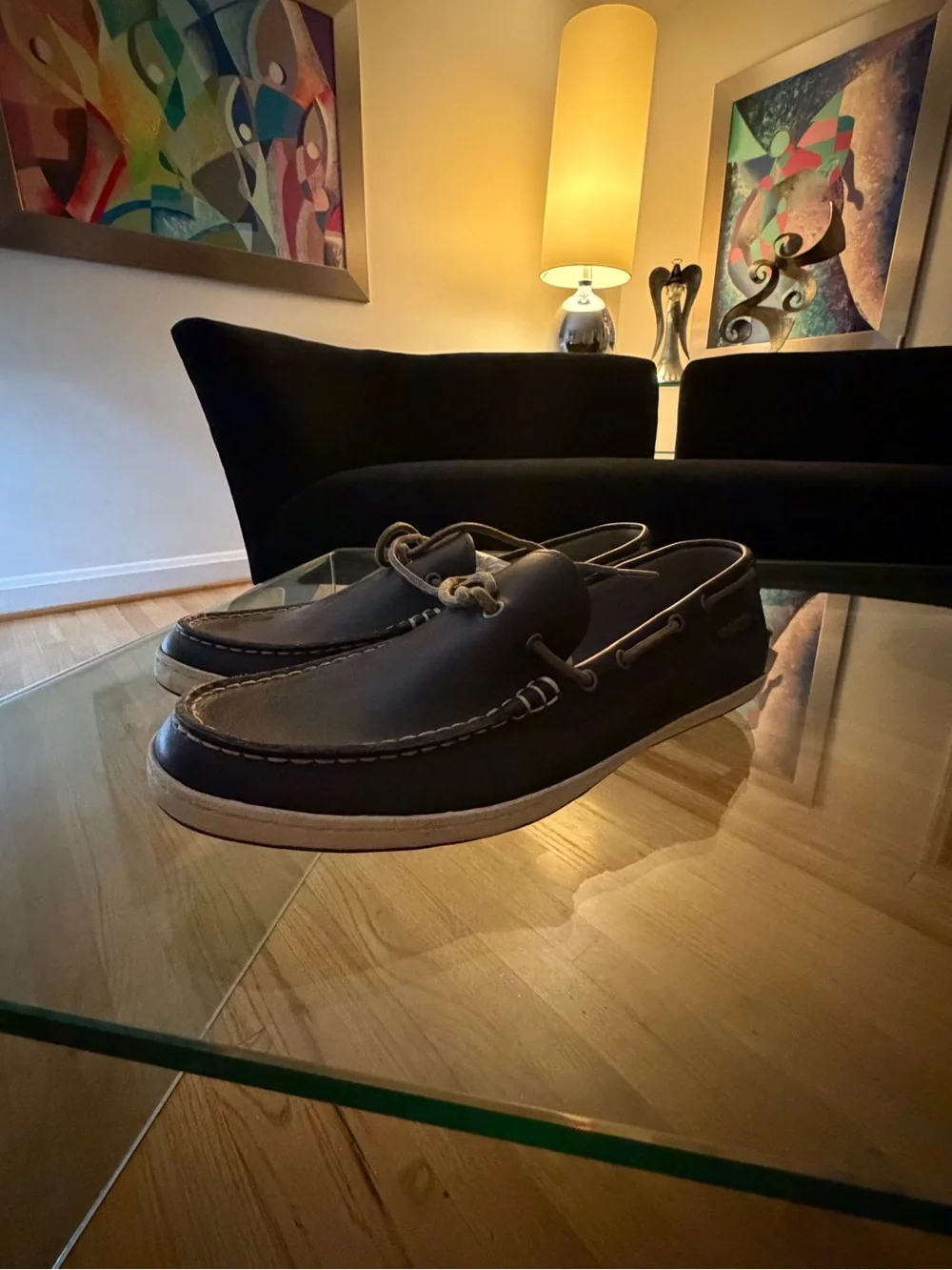 Cole Haan Black Leather Boat Shoes with Tan Laces